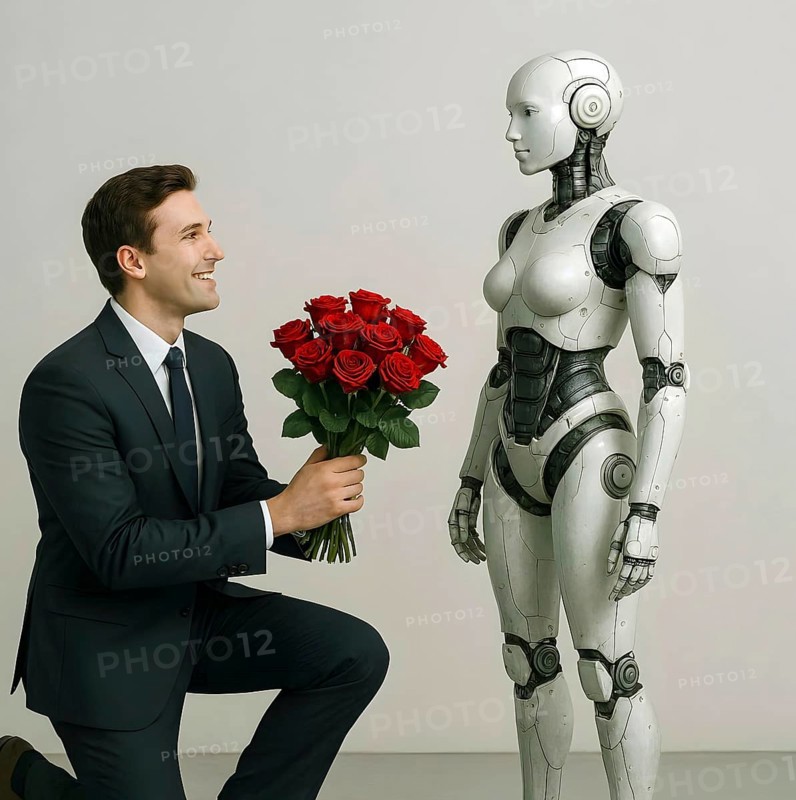 A man kneels in front of a humanoid robot and hands him a bouquet of red roses, symbol image android, female, machine-like, human beings, cybernetics, body, machine, artificial intelligence, feeling, reverence, affection, love, request, AI-generated, AI-generated, AI generated