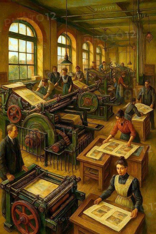 Machine room in Julius Dittenfeld's letterpress, Berlin, historical illustration from the history of German literature from 1885, digitally edited, symbolic image of industry, work, machine, industrialization, AI generated, AI generated