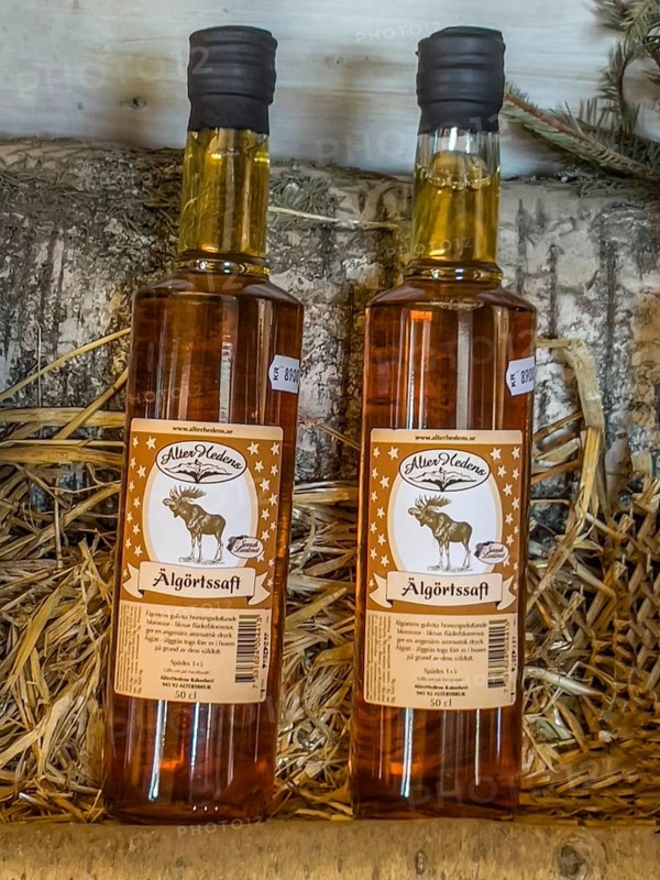 Swedish souvenir: moose herb juice in a bottle in Småland Moose park in Markaryd, Småland County, Sweden, Scandinavia