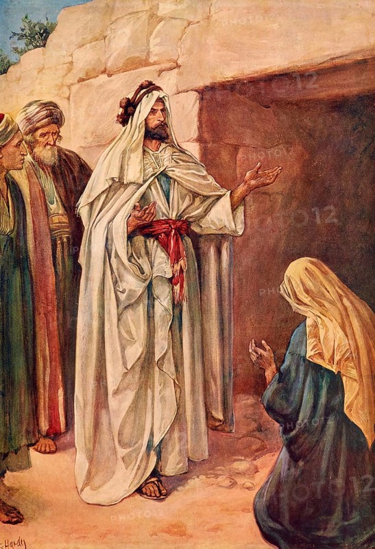 Scene from the biblical story, tomb of Lazarus, the biblical figure who raised Jesus from the dead, authentic reproduction of a school mural, historical, around 1900