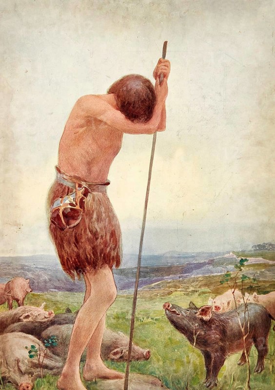 Scene from the biblical story, The Prodigal Son, authentic reproduction of a school mural, historical, around 1900