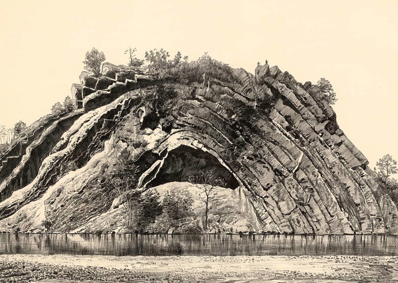 Layered vault in the Silurian, third period of antiquity, Paleozoic, on the Potomac River, Washington D.C., America, authentic reproduction of a school mural, historical, around 1900