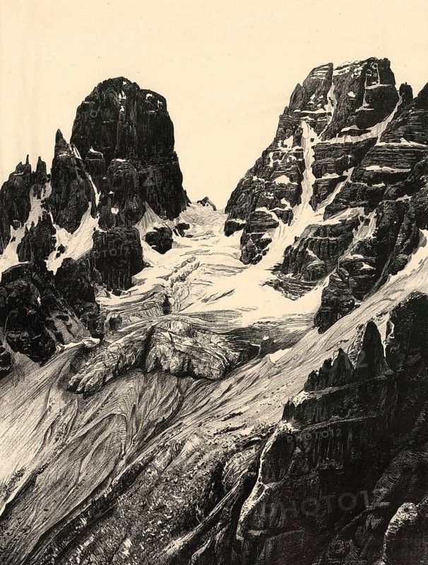 The Cristallo Glacier, Monte Cristallo, Kristallberg, the highest mountain in the Cristallo Group in the Dolomites, South Tyrol, Italy, authentic reproduction of a school mural, historic, around 1900