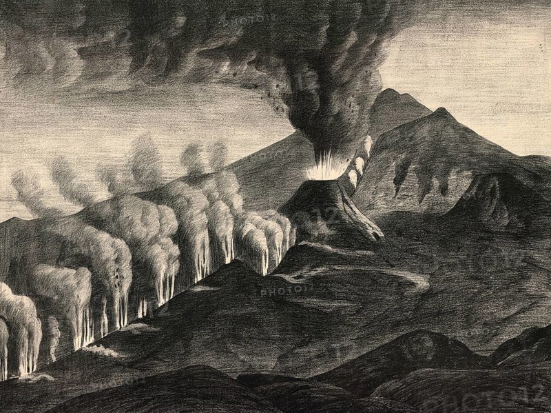 Eruption of Etna on August 29, 1874. Crevice formation and lateral cone, Sicily, Italy, authentic reproduction of a school mural, historical, around 1900