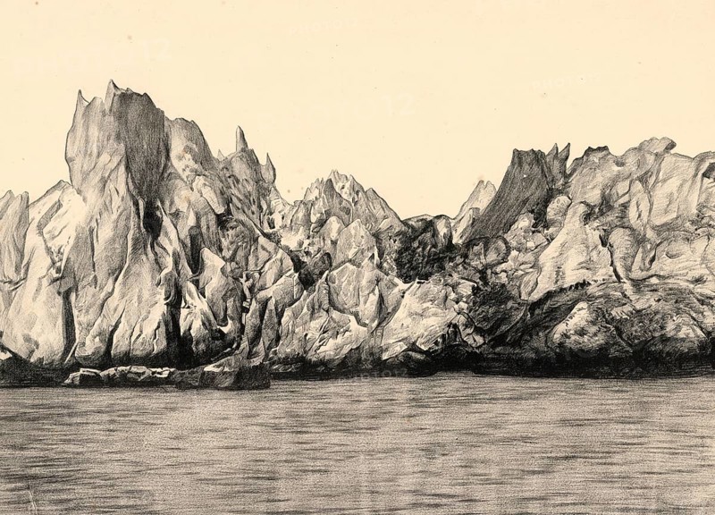 The ice wall of the MUIR glacier in Glacier Bay National Park in Alaska, America, authentic reproduction of a school mural, historic, around 1900
