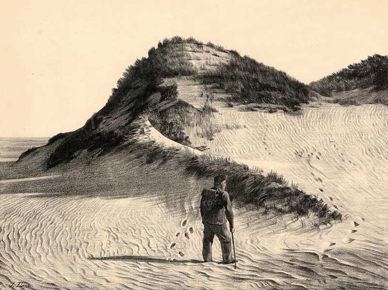Dune on the west coast of the island of Sylt, North Sea, Germany, authentic reproduction of a school mural, historic, around 1900
