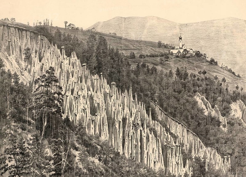 Earth pyramids on Ritten near Bolzano, South Tyrol, Italy, authentic reproduction of a school mural, historic, around 1900