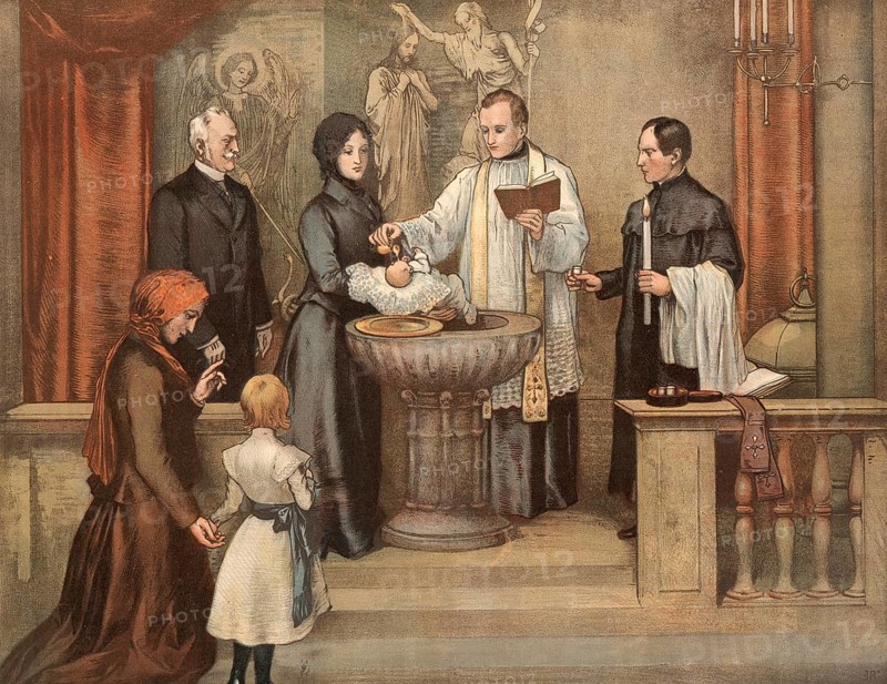 Scene from the biblical story, symbolic photo baptism, central Christian ritual for admission to the community of believers, in which water is poured over the head of the baptized person, authentic reproduction of a school wall painting, historical, around 1900