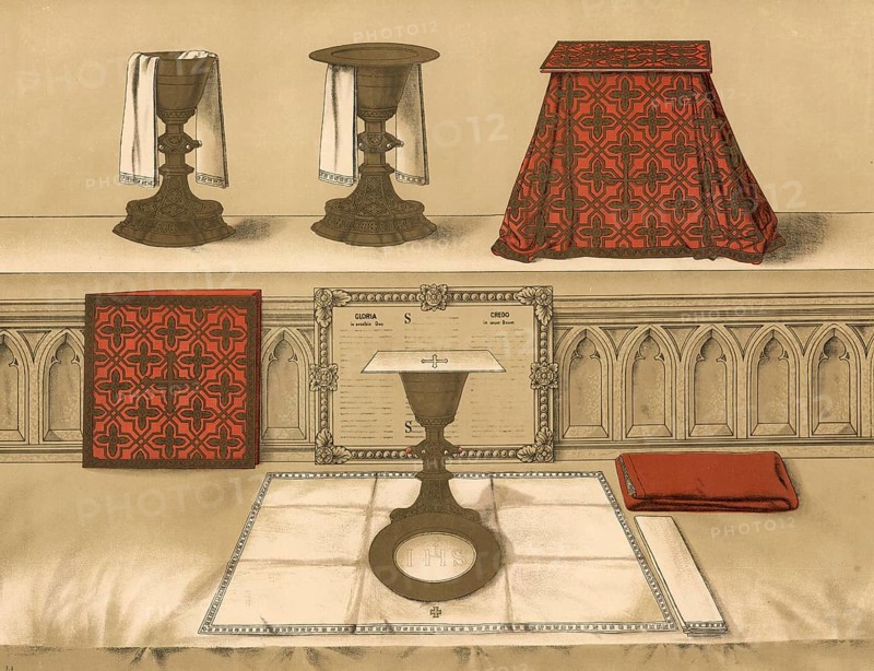 Scene from biblical history, altar chalices, altar chalice, liturgical vessels used in Christian worship, mass, communion, for wine, authentic reproduction of a school wall painting, historical, around 1900