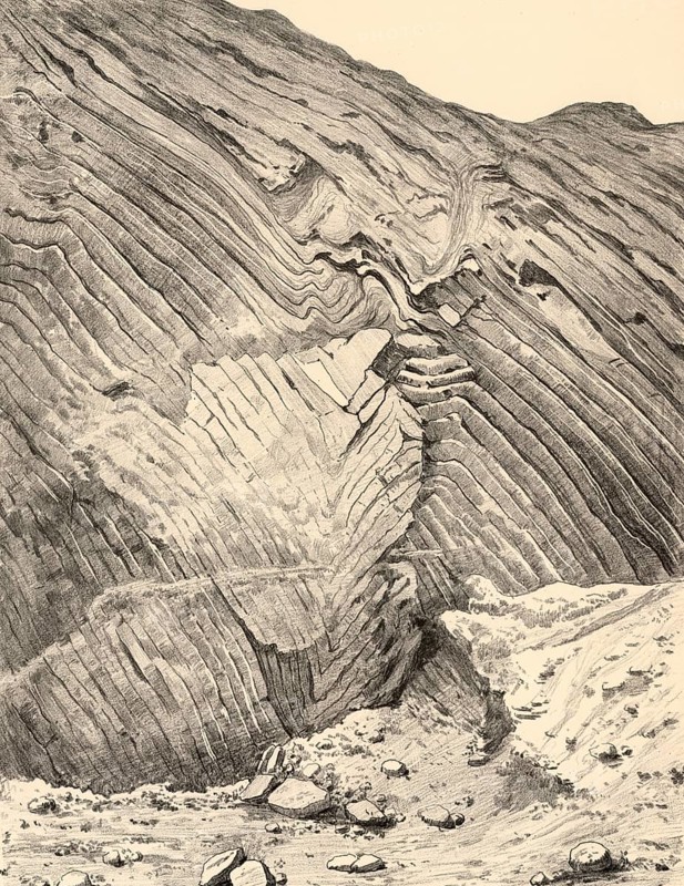 Glacial signs of congestion and folding in the diluvium of Petersburg near Kiel, Schleswig-Holstein, Germany, authentic reproduction of a school mural, historical, around 1900