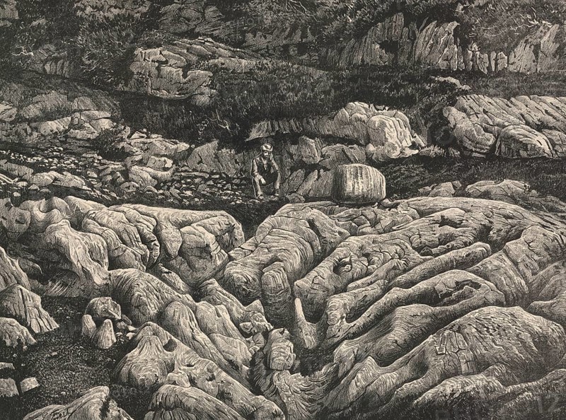 Karrenfeld Dachstein, fascinating karst landscape shaped by water in the Dachstein Mountains, characterized by gullies, crevices, sinkholes and bizarre rock formations, Alps, Upper Austria, Austria, authentic reproduction of a school wall painting, historic, around 1900