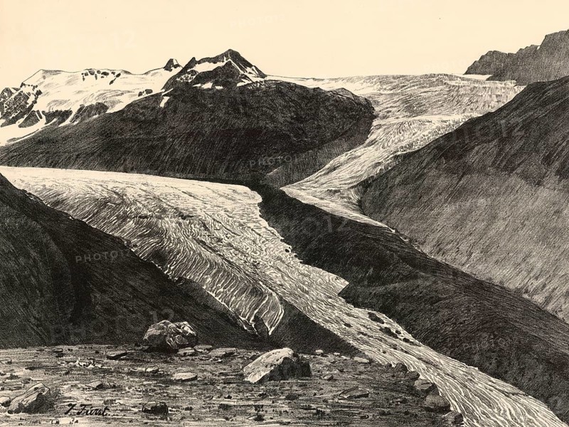 Confluence of the Kesselwandferner with the Hintereisferner, one of the largest glaciers in Tyrol, Ötztal, Tyrol, Austria, authentic reproduction of a school mural, historic, around 1900