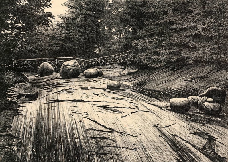 Rock surface scrambled and cut by the ice of the diluvial period in the glacier garden in Lucerne, Switzerland, authentic reproduction of a school mural, historic, around 1900