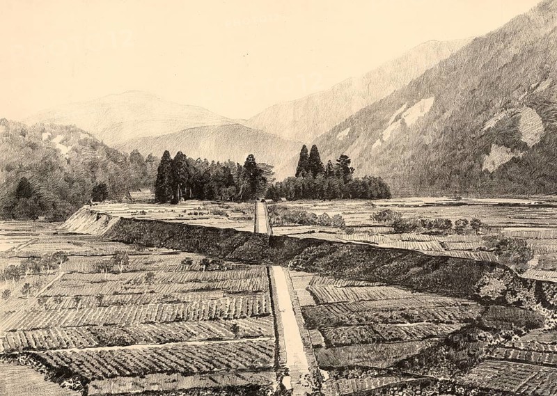 Fault at Midori in Central Japan caused by the great earthquake of 1891, Japan, authentic reproduction of a school mural, historic, around 1900