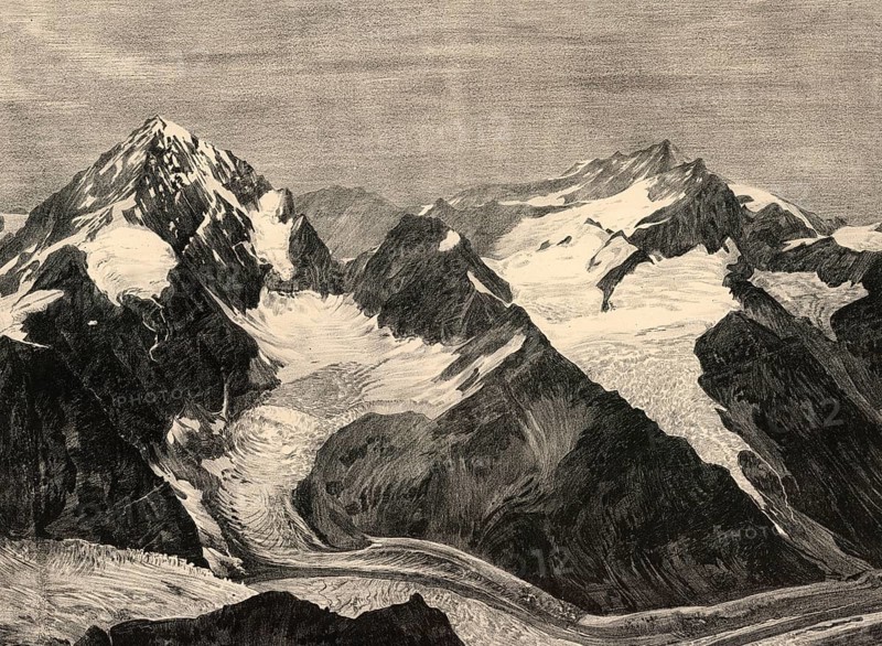 View of Dent Blanche, a largely ice-free mountain peak in the Valais Alps, in the south of the canton of Valais, Switzerland, authentic reproduction of a school wall painting, historic, around 1900