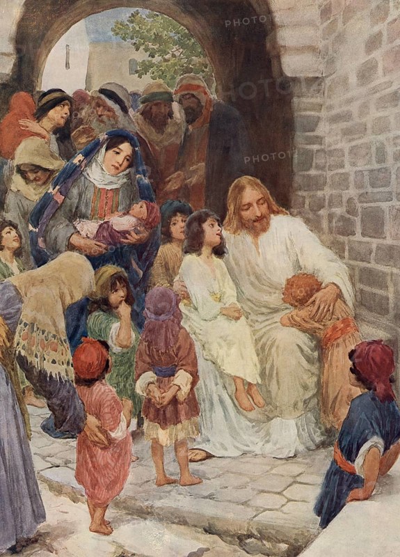 Scene from the biblical story, Christ Blessing the Children, Child Blessing Jesus, authentic reproduction of a school mural, historical, around 1900