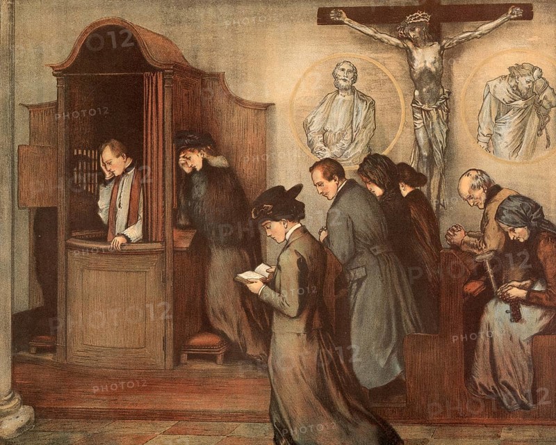Scene from the biblical story, confession of sins in front of a priest, authentic reproduction of a school mural, historical, around 1900