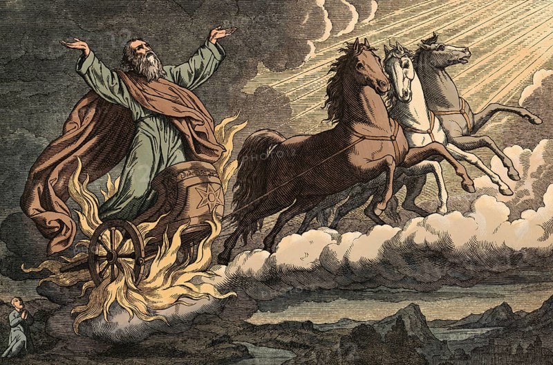 Scene from the biblical story, The Ascension of Elias, based on the biblical story in which the Prophet Elias ascended to heaven in a chariot of fire, authentic reproduction of a school mural, historical, around 1900