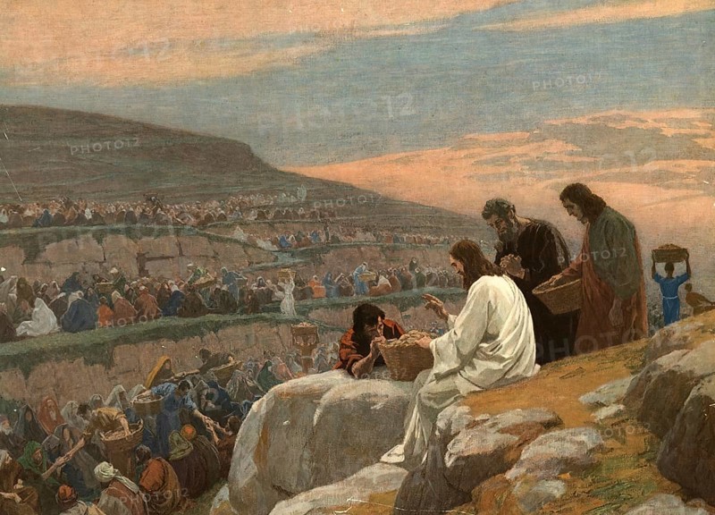 Scene from the biblical story, Dining in the Desert, refers in a biblical context to central miracle stories about the divine provision of the people of Israel and the miracles of Jesus, authentic reproduction of a school mural, historical, around 1900