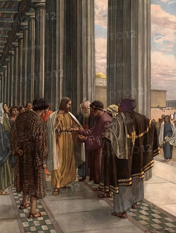 Scene from the biblical story, The Interest Groschen, a famous New Testament theme in which Jesus points at a coin and says: Give to the emperor what is the emperor and to God what is God, authentic reproduction of a school mural, historical, around 1900