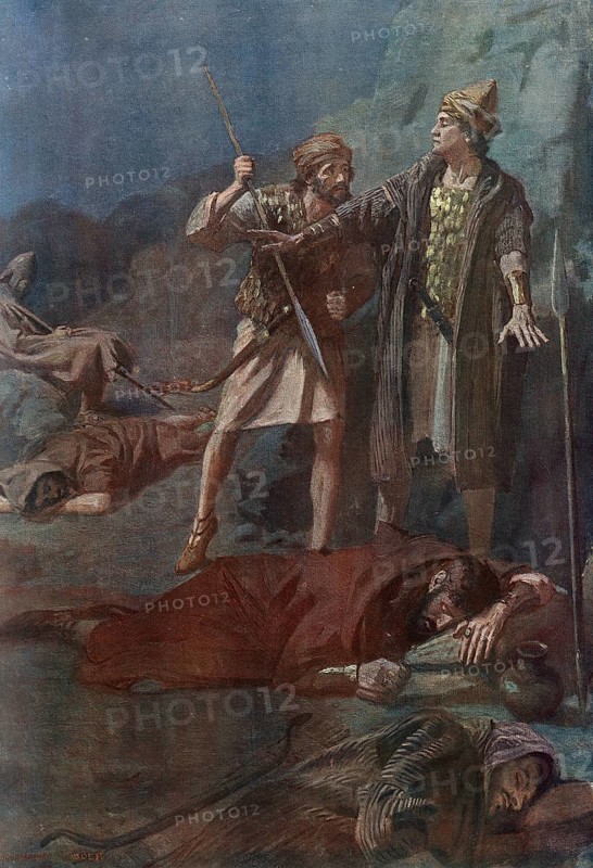 Scene from the biblical story, David spares Saul, central biblical story in which David had the opportunity several times to kill the jealous King Saul but spared him, authentic reproduction of a school mural, historical, around 1900