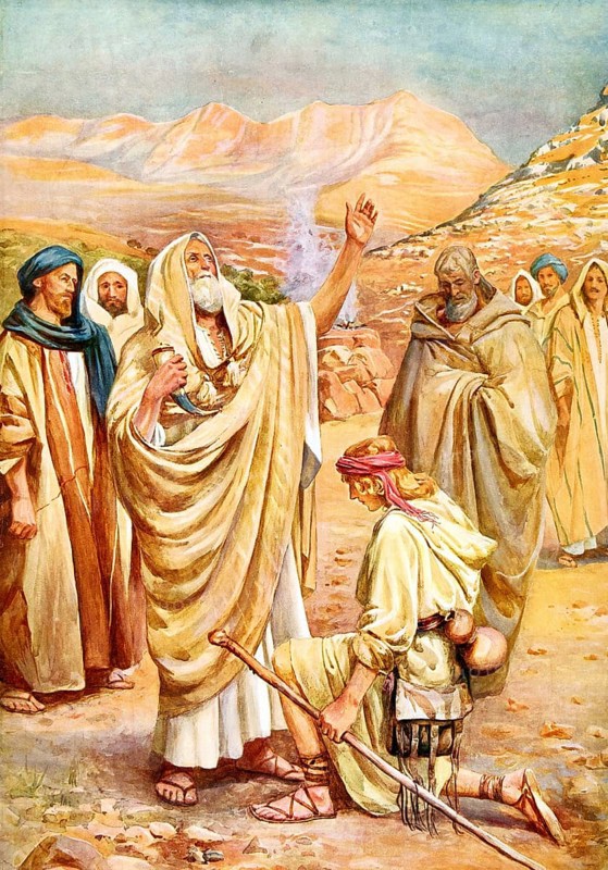 Scene from the biblical story, David is anointed king, refers to the biblical story in which the prophet Samuel anointed David with oil to mark him as the future king of Israel, authentic reproduction of a school mural, historical, around 1900