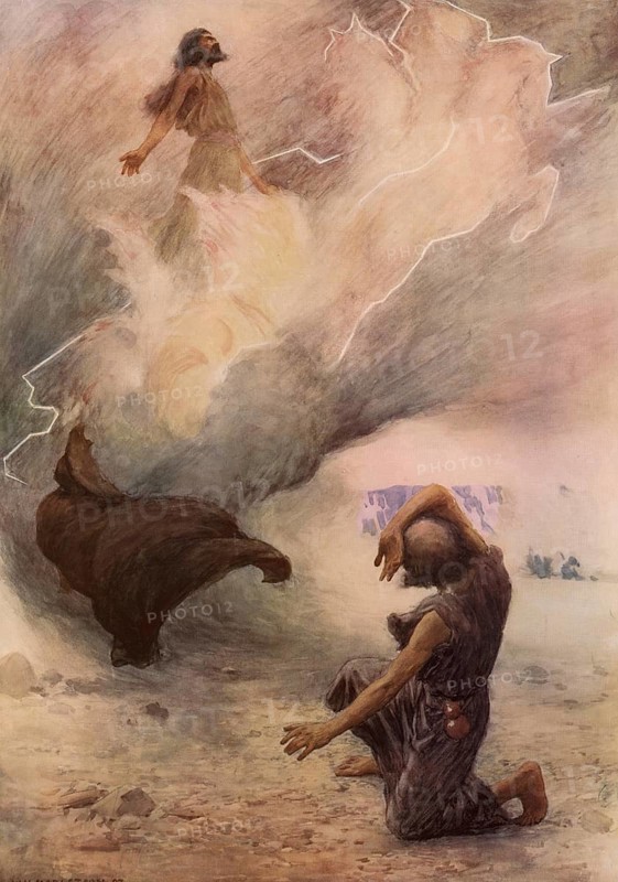 Scene from the biblical story, The biblical story of Elijah who is taken up into heaven, where it is described how he was taken to heaven in a whirlwind of fiery horses and a chariot, authentic reproduction of a school mural, historical, around 1900