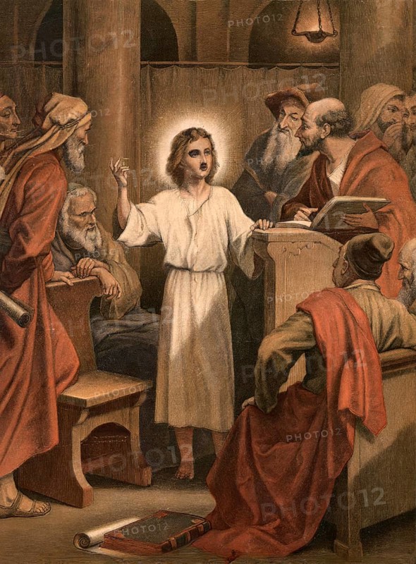Scene from the biblical story, The story of Jesus as a twelve-year-old in the temple is the only biblical tradition from his youth, authentic reproduction of a school mural, historical, around 1900