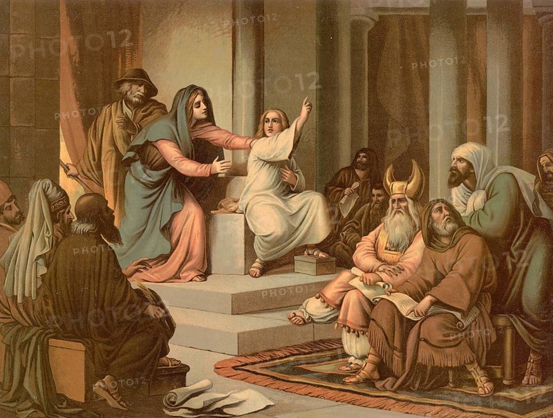 Scene from the biblical story, The story of Jesus as a twelve-year-old in the temple is the only biblical tradition from his youth, authentic reproduction of a school mural, historical, around 1900