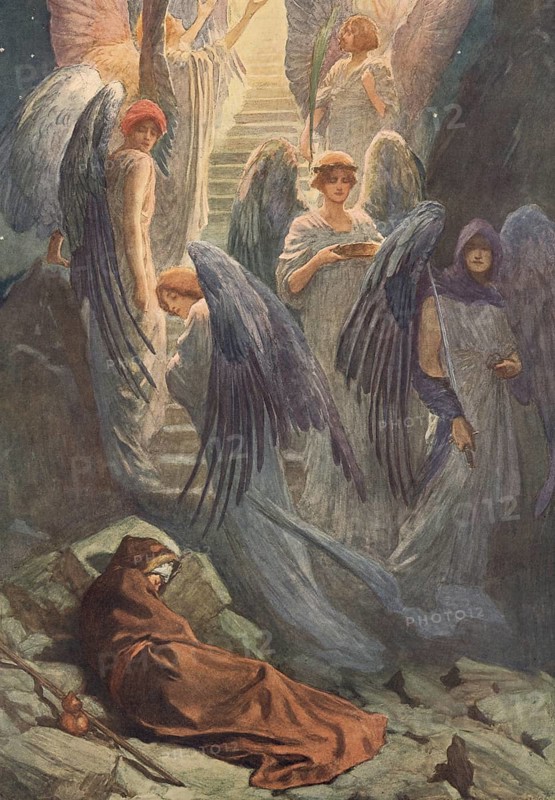 Scene from the biblical story, Jacob's dream, the biblical story of Jacob's Ladder, in which Jacob in a dream sees a ladder reaching from earth to heaven, with angels ascending and descending on it, authentic reproduction of a school mural, historical, around 1900