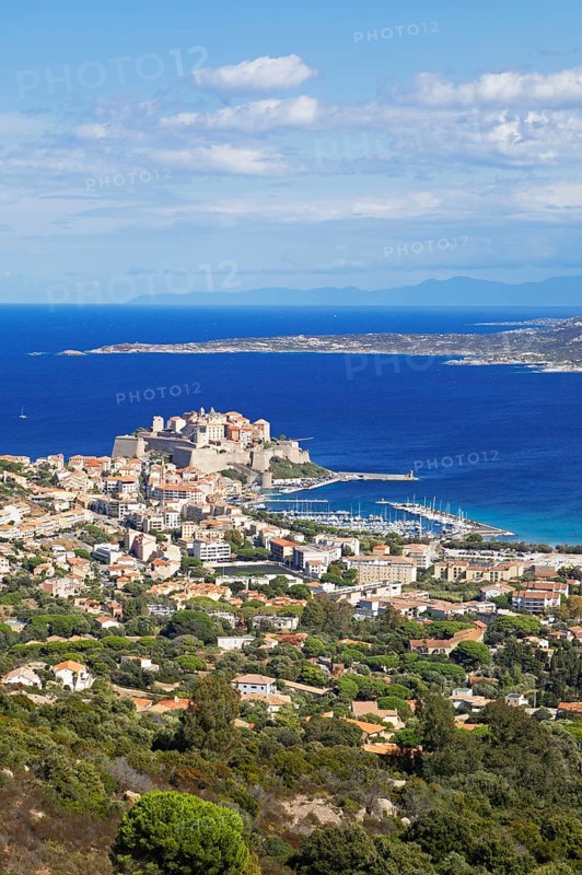 View of Calvi Citadel and Calvi Bay, in the background Cap Corse, Haute-Corse Department, Balagne, Corsica, France