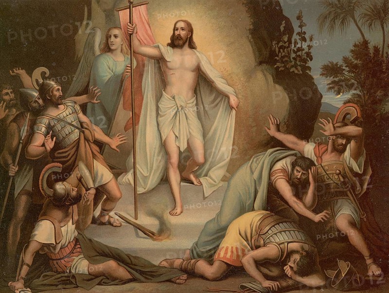 Scene from the biblical story, The Resurrection of Jesus Christ, authentic reproduction of a school mural, historical, around 1900