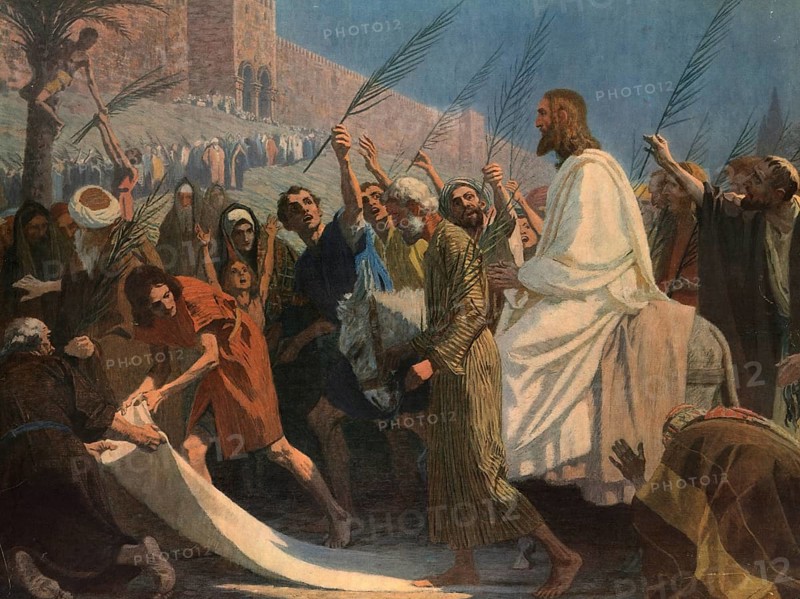 Scene from the biblical story, The Entry of Jesus into Jerusalem, authentic reproduction of a school mural, historical, around 1900