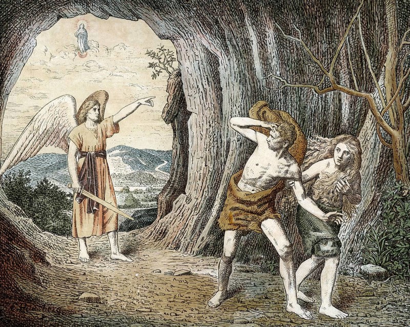 Scene from the biblical story, The Expulsion from Paradise, Adam and Eve, authentic reproduction of a school mural, historical, around 1900