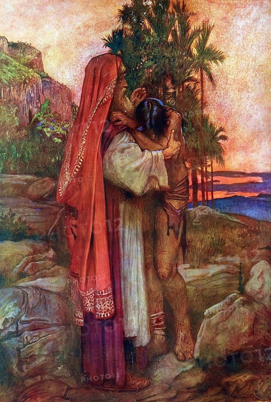 Scene from the biblical story, the famous biblical parable of the prodigal son, authentic reproduction of a school mural, historical, around 1900