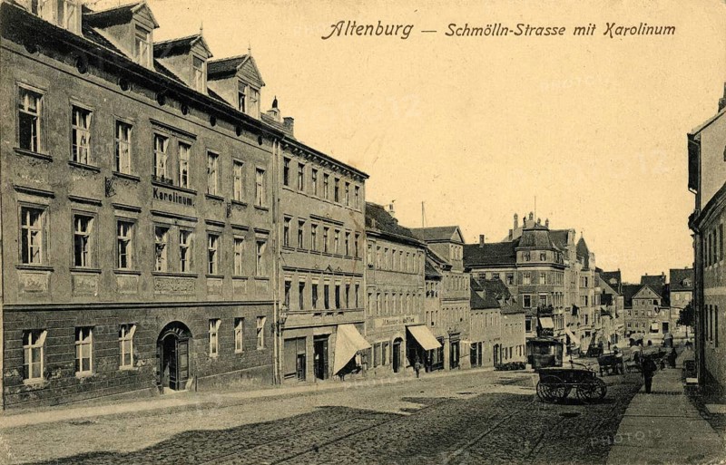 Altenburg, Schmölln Straße with Karolinum, today Altenburger Land district, Thuringia, Germany, postcard, view around 1900 - 1910, historical, digital reproduction of a historical postcard, authentic, public domain, from that time, exact date unknown