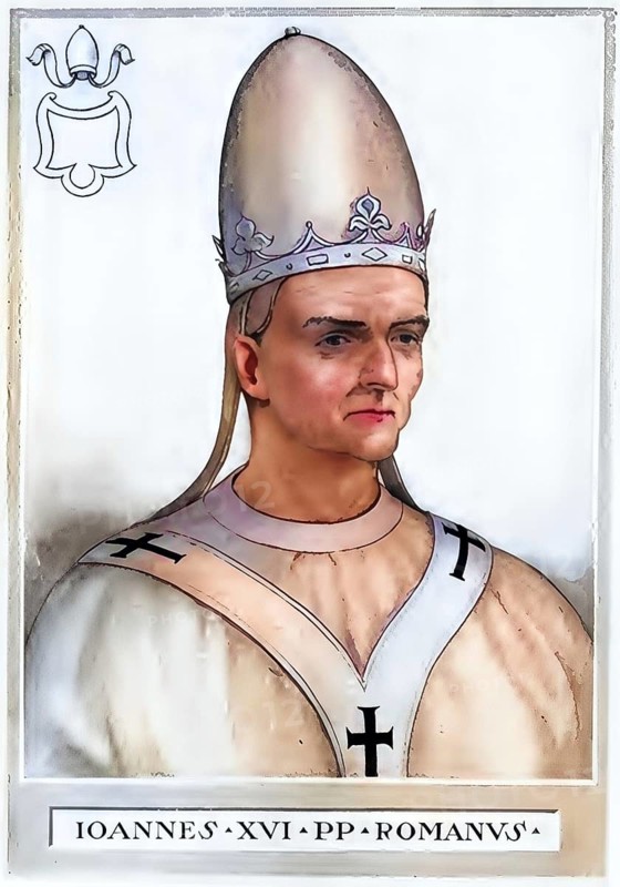 John XVI (born in Rossano, died 26 August 1001 in Rome), with the secular name John Philagathos (Middle Greek ??????? F????a???), was antipope to Pope Gregory V from 997-998, historical, authentic, digitally restored reproduction from a 19th century original, record date not stated, subsequently coloured