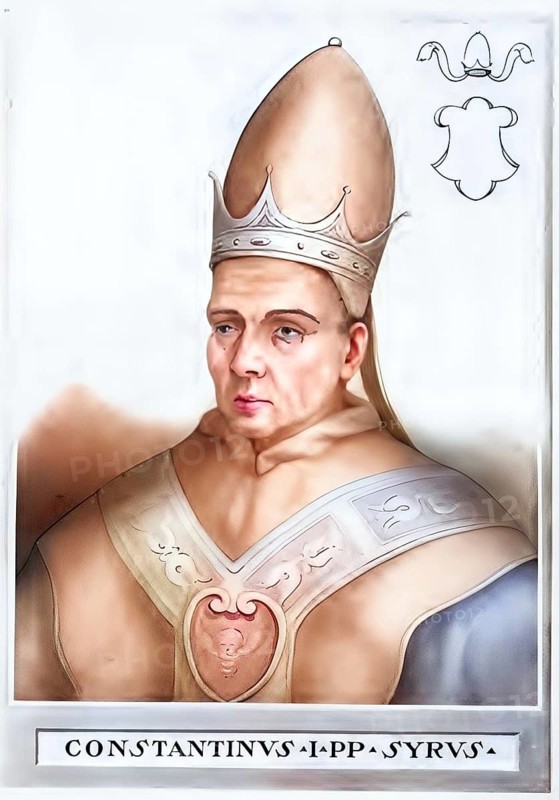 Constantine I (Constantinus I, born in Tyre, Syria, died 9 April 715 in Rome) was enthroned as pope on 25 March 708 and held the office until his death on 9 April 715. He was the last pope to visit Constantinople until 1967, Historical, authentic, digitally restored reproduction from a 19th century original, record date not stated, subsequently coloured