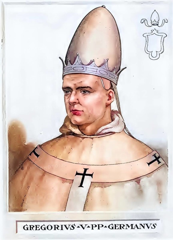 Gregory V, previously Brun (o) of Carinthia (born 972 presumably in Stainach in the Enns Valley, Duchy of Bavaria, died 18 February 999 in Rome), was Pope from 996 to 999, Historical, authentic, digitally restored reproduction from a 19th century original, Record date not stated, subsequently coloured