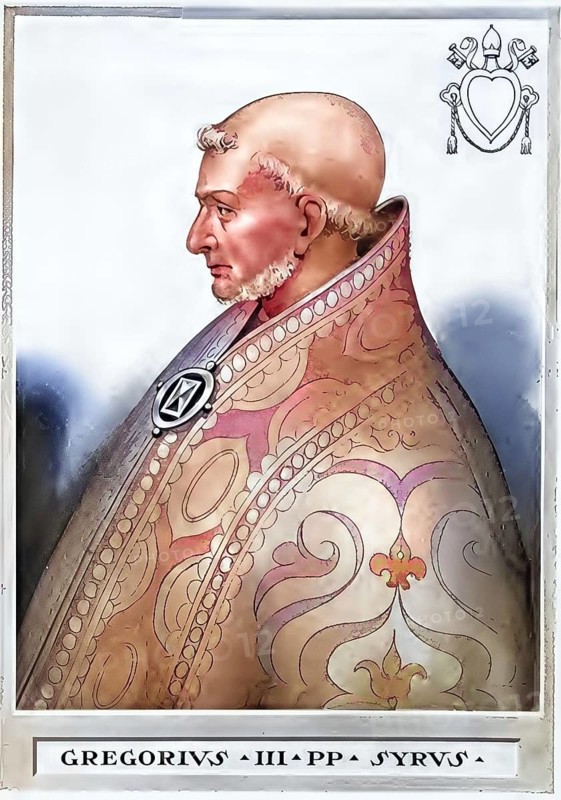 Gregory III (died 28 November 741 in Rome) was a Catholic clergyman from Syria and Bishop of Rome from 731 to 741, Historical, authentic, digitally restored reproduction from a 19th century original, Record date not stated, subsequently coloured