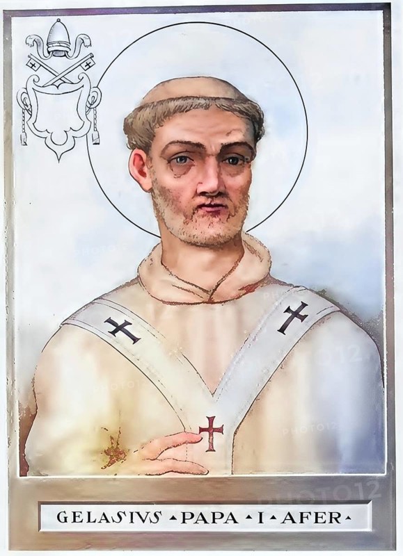 Gelasius I (d. 21 November 496?) was bishop of Rome from 1 March 492 until his death and thus Roman pope. In 494 he was the first pope to formulate the doctrine of the two powers, Historical, authentic, digitally restored reproduction from a 19th century original, Record date not stated, subsequently coloured