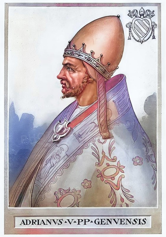 Hadrian V (born around 1205, according to other sources 1215 in Genoa, died 18 August 1276 in Viterbo), originally Ottobono Fieschi dei Conti di Lavagna, Count of Lavagna, was the third pope of the four-popes year 1276 for 38 days, historical, authentic, digitally restored reproduction from a 19th century original, record date not stated, subsequently coloured