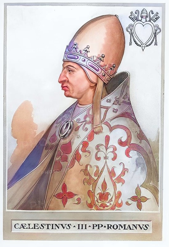 Coelestine III (born c. 1106 in Rome, died 8 January 1198 in Rome) was Pope of the Roman Catholic Church from 30 March 1191 until his death, Historical, authentic, digitally restored reproduction from a 19th century original, Record date not stated, subsequently coloured