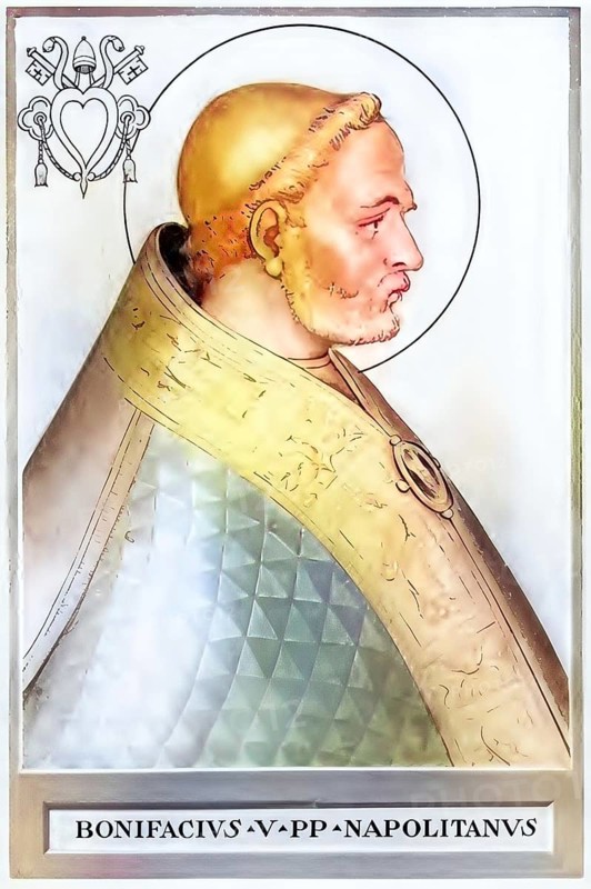 Boniface V (born in Naples, died 25 October 625) was Pope from 23 December 619 until his death, Historical, authentic, digitally restored reproduction from a 19th century original, Record date not stated, subsequently coloured