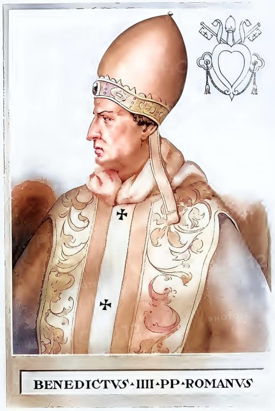 Benedict IV was pope from 900 to 903. He sided with Pope Formosus, who died in 896, and was involved in the struggles of Roman noble families, historical, authentic, digitally restored reproduction of a model from the 19th century, record date not stated, subsequently colored