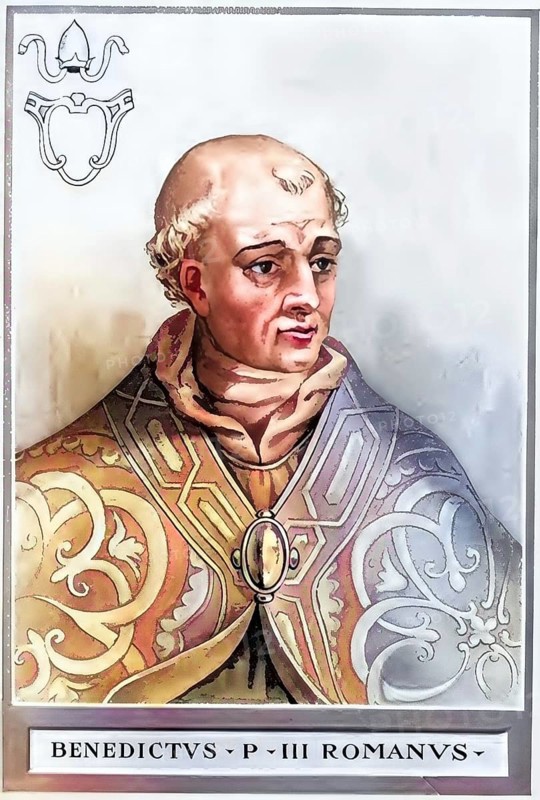 Benedict III (died 17 April 858 in Rome) was pope from 855 to 858, Historical, authentic, digitally restored reproduction from a 19th century original, Record date not stated, subsequently coloured