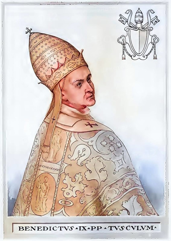 Benedict IX was pope three times in a period from 1032 to 1048. He is therefore the only pope who has held office more than once, historical, authentic, digitally restored reproduction of a model from the 19th century, record date not stated, subsequently colored