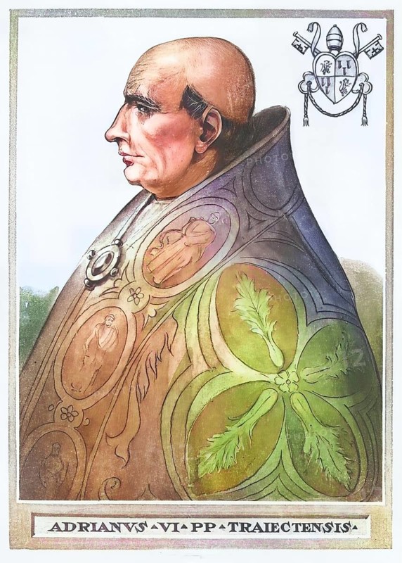 Hadrian VI, whose civil name was Adriaan Floriszoon Boeyens or Adriaan Florisz d'Edel, then spelled Adriaen Floriszoon Boeiens, also known in German as Adrian von Utrecht (born 2 March 1459 in Utrecht, died 14 September 1523 in Rome), was pope from 9 January 1522 until his death. September 1523 in Rome), was Pope of the Roman Catholic Church from 9 January 1522 until his death, Historical, authentic, digitally restored reproduction from a 19th century original, Record date not stated, subsequently coloured