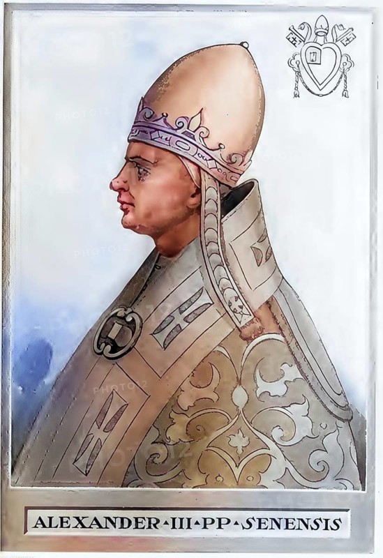 Pope Alexander III (born around 1100 or 1105 in Siena, presumably as Rolando Bandinelli, died 30 August 1181 in Civita Castellana near Viterbo) reigned as head of the Roman Church from 7 September 1159 until his death, Historical, authentic, digitally restored reproduction from a 19th century original, Record date not stated, subsequently coloured