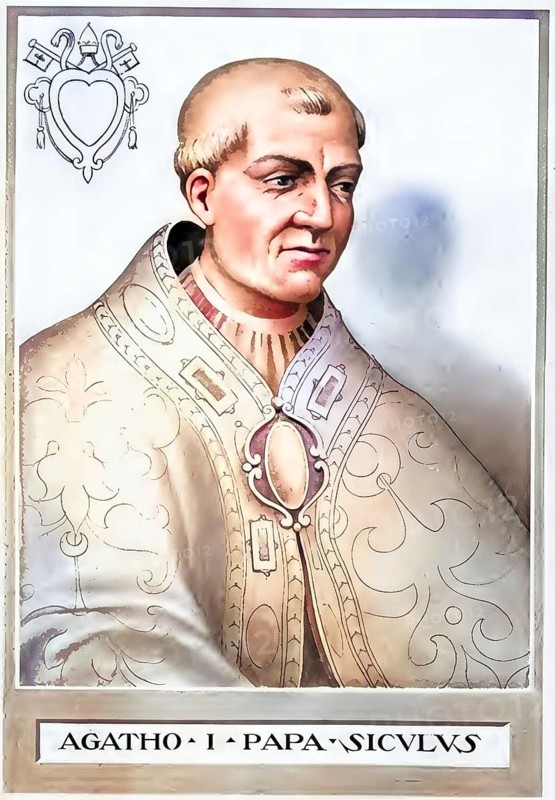 Agatho, also Agathon, died January 10, 681 in Rome, was Pope from 678 to 681, historical, authentic, digitally restored reproduction from a model from the 19th century, record date not stated, subsequently colored